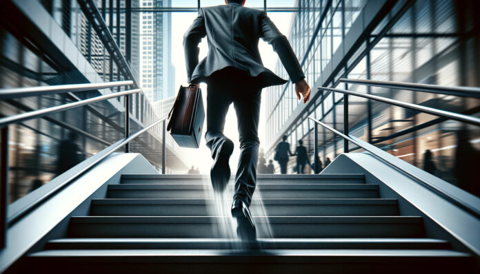 DALL·E-2023-11-14-16.10.22-A-photorealistic-image-showing-a-dynamic-scene-of-a-person-in-a-business-suit-stepping-down-a-staircase-briskly-with-a-focus-on-their-feet-hitting-th.jpg