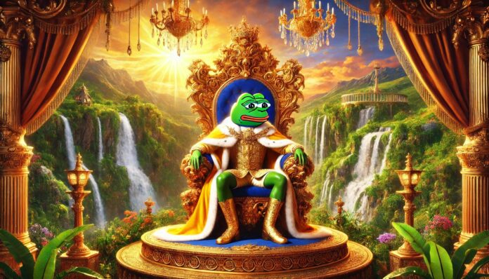 DALL·E-2024-12-25-10.30.54-A-majestic-and-royal-themed-landscape-featuring-Pepe-the-Frog-sitting-on-an-ornate-golden-throne-adorned-with-intricate-details.-The-throne-is-placed-.webp.jpeg