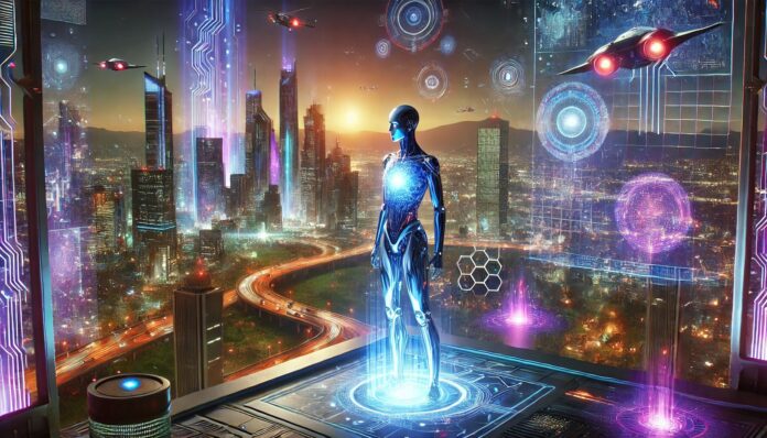 DALL·E-2025-01-02-13.34.08-A-futuristic-landscape-featuring-a-highly-advanced-AI-agent.-The-scene-shows-a-vibrant-and-glowing-cityscape-with-towering-skyscrapers-and-neon-lights.webp.jpeg